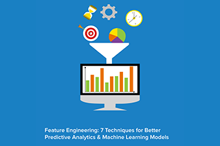 Feature Engineering blog cover with data funneling into a computer to create a predictive analytics chart.