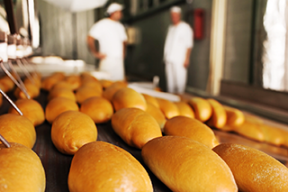 Large scale production of fresh rolls in a bakery with two bakers in the background.