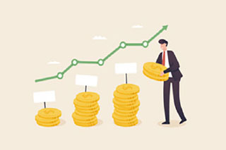Clipart of businessman stacking coins in piles of increasing size overtime below a trendline.