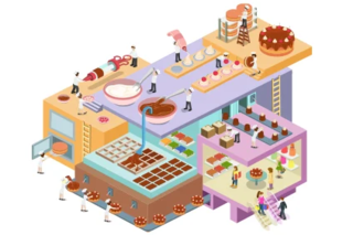 Clipart of tiny bakers in a large assembly line in a bakery working together to bake cakes.