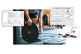 Collage of man loading weight onto barbell, woman stretching, operational analytics software, and process capability report.