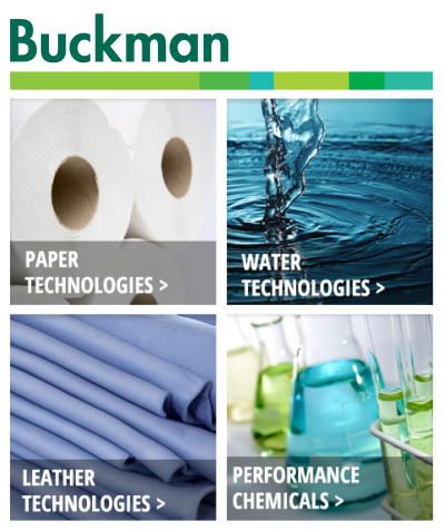 Buckman appears as a title above a 2x2 grid of smaller images. In the top left toilet paper rolls are shown with the words Paper Technologies. On the top right water is shown with the words Water Technologies. On the bottom left leather is shown with the words Leather Technologies. In the bottom right beakers full of liquids are shown with the words Performance chemicals.
