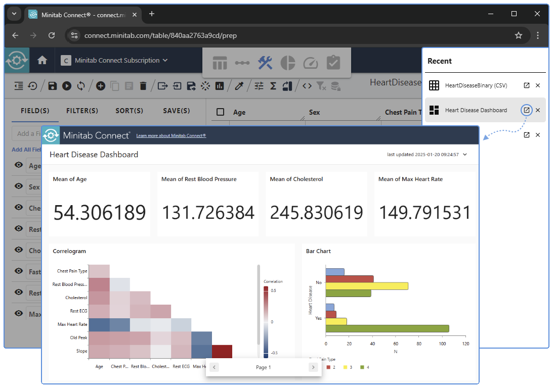Minitab Connect Aufgabenbereich „Kürzlich“