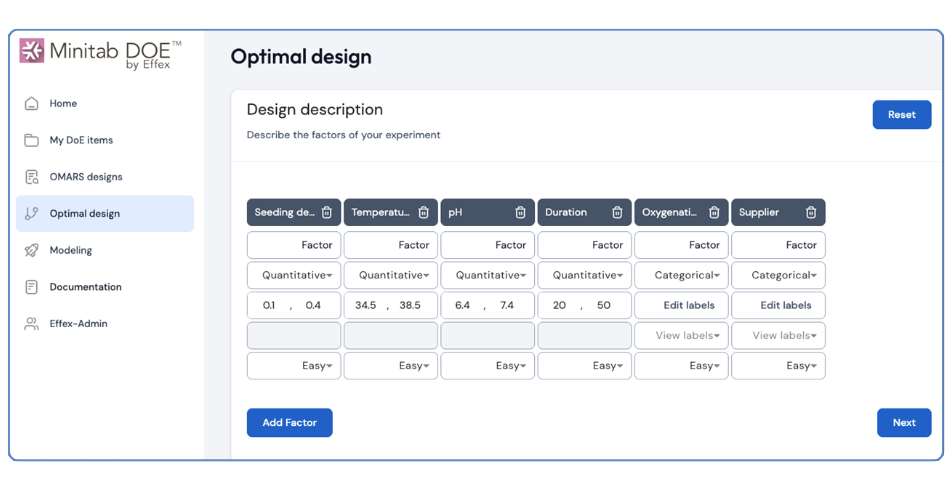 Screenshot of the Minitab DOE by Eflex web application showing the Optimal design screen. The interface displays a Design description section with multiple factor cards such as Seeding density, Temperature, pH, Duration, Oxygenation, and Supplier. Each factor card is labeled as Quantitative or Categorical with numeric ranges including 0.1, 0.4, 34.5, 38.5, 6.4, 7.4, 20, and 50. Buttons for Add Factor, Reset, and Next appear on the page along with a left navigation menu listing DOE-related options.