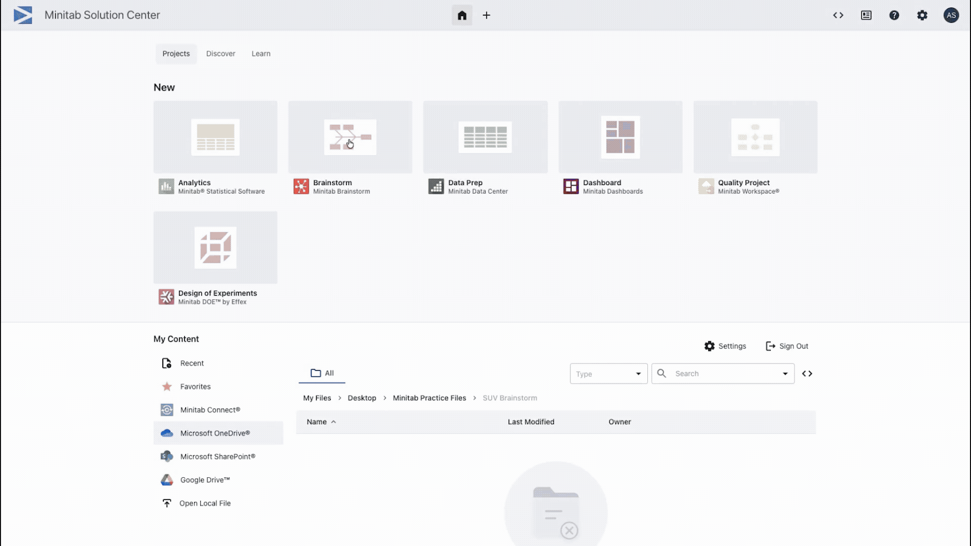 Minitab Solution Center Brainstorm interface