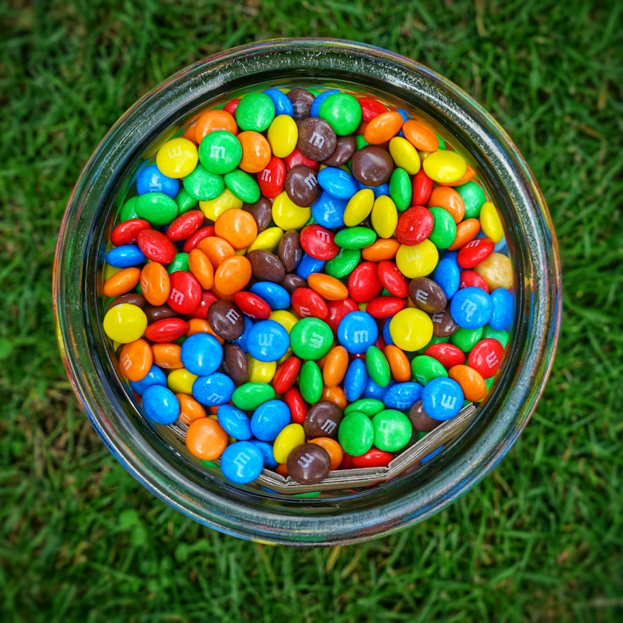 Jar of colorful m&m's