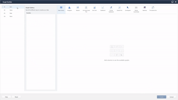 Minitab's graph builder in use, switching between different predictive analytics graphics.