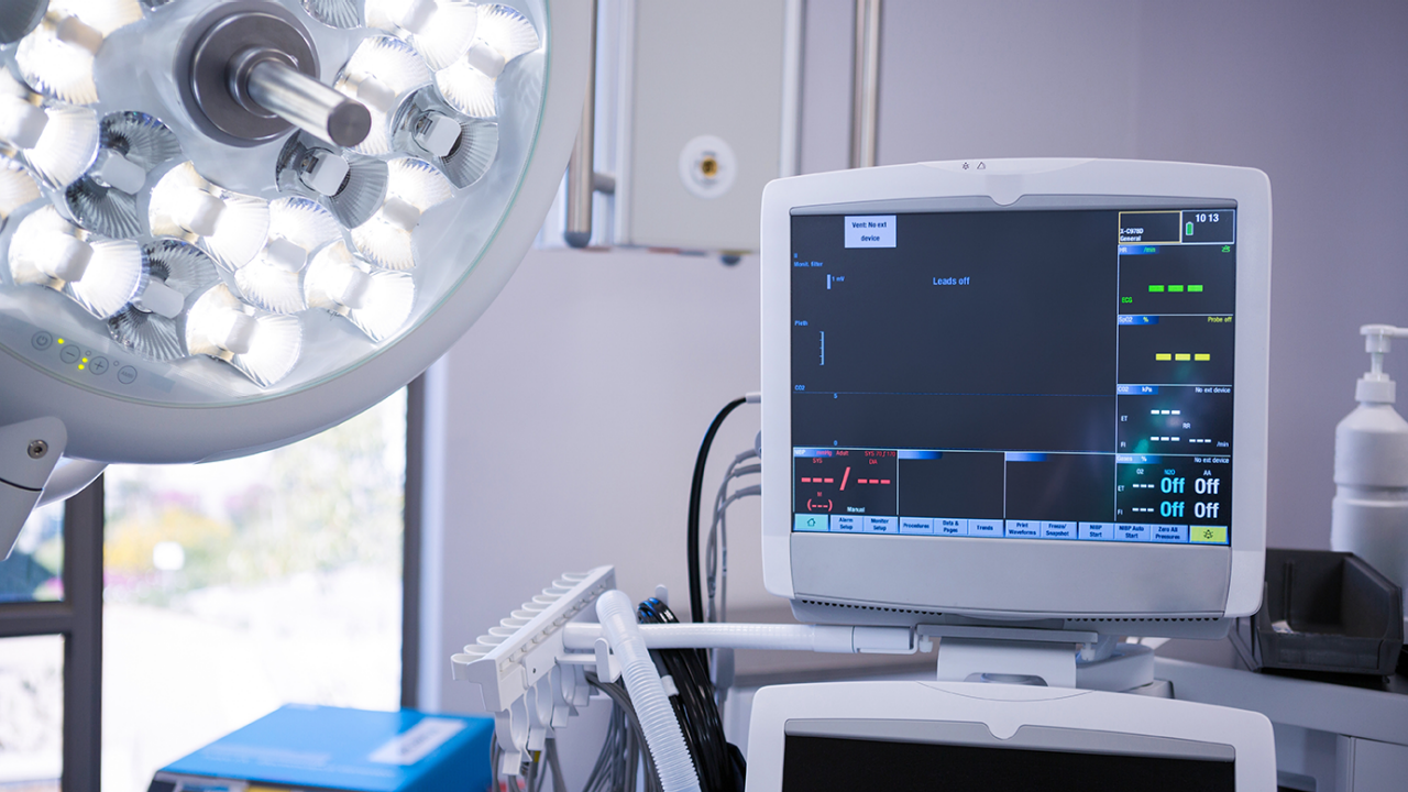 Equipment and medical devices in modern operating room.