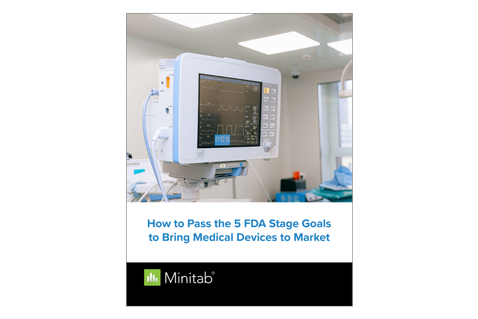 Cover of Minitab's eBook, How to Pass the 5 FDA Stage Goals to Bring Medical Devices to Market, with a heat beat monitor.
