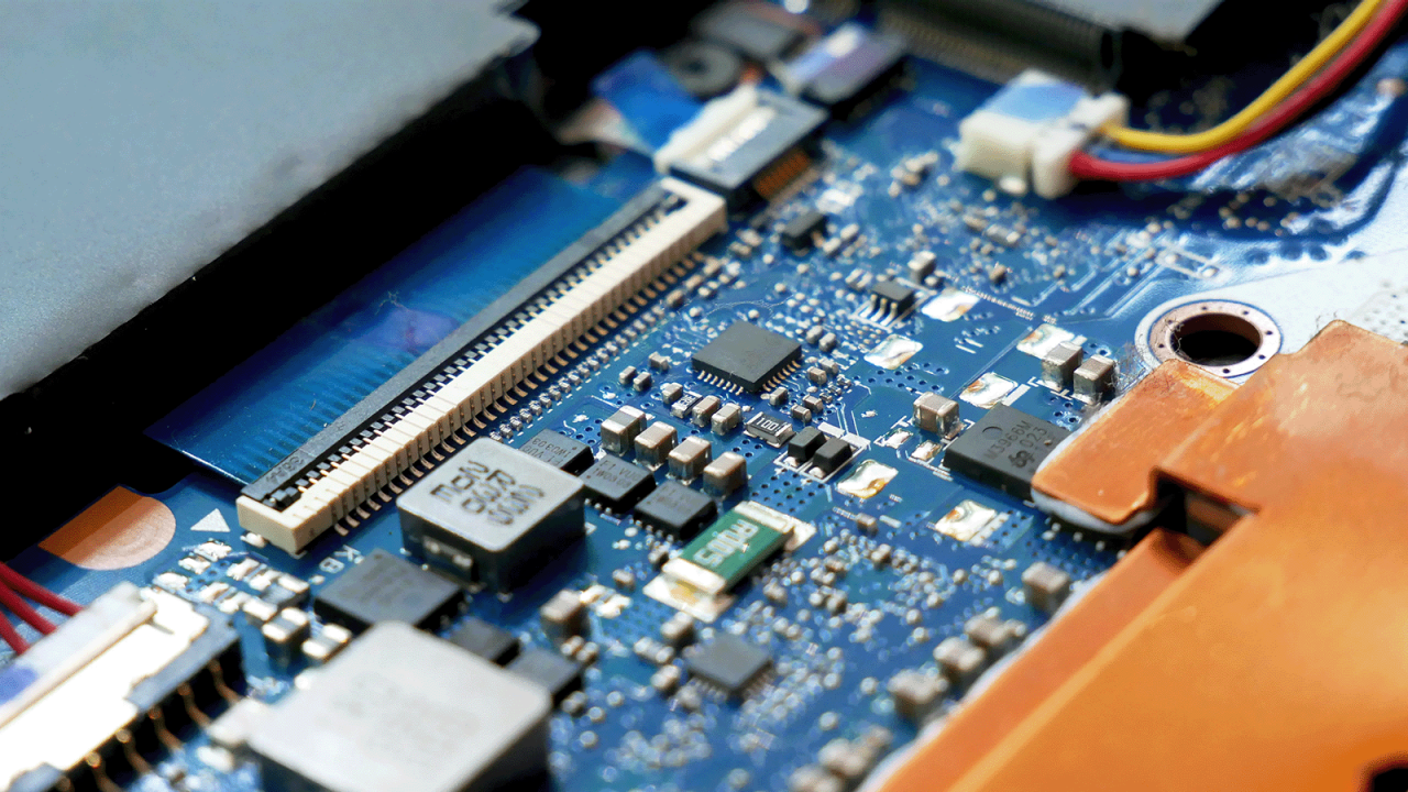 Closeup of a motherboard of a laptop.