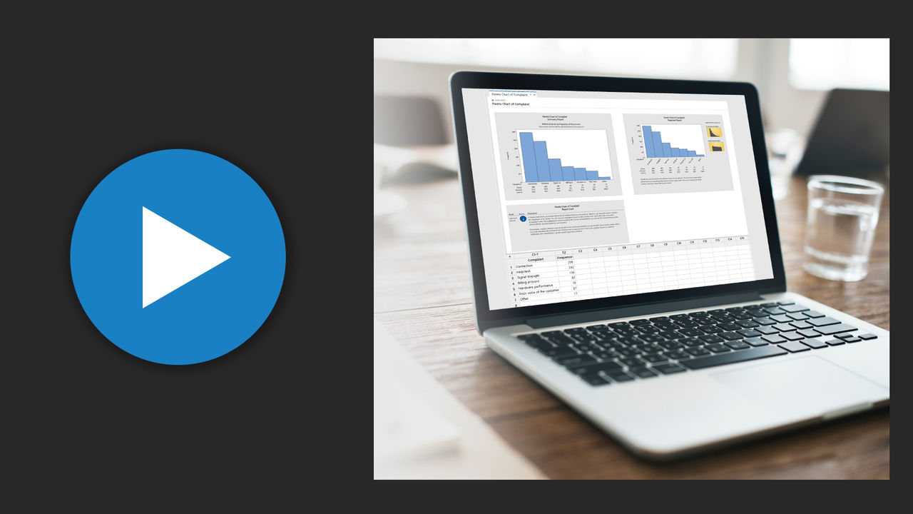 Quality engineering webinar thumbnail with laptop displaying graphs from Minitab Statistical Software to analyze a process.