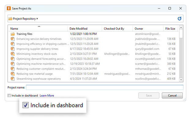 Save Project As in Engage with include in dashboard enabled