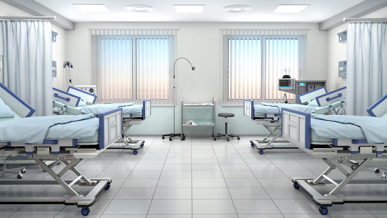 hospital room with beds in blue tones. 3d illustration