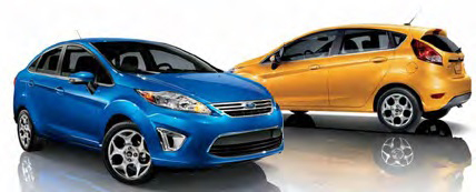  Blue Ford Fiesta on the left and an orange Ford Fiesta on the right.