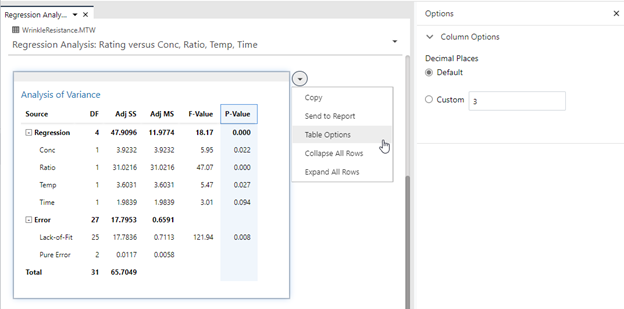 Minitab Statistical Software 웹 앱의 표 옵션 컨텍스트 메뉴